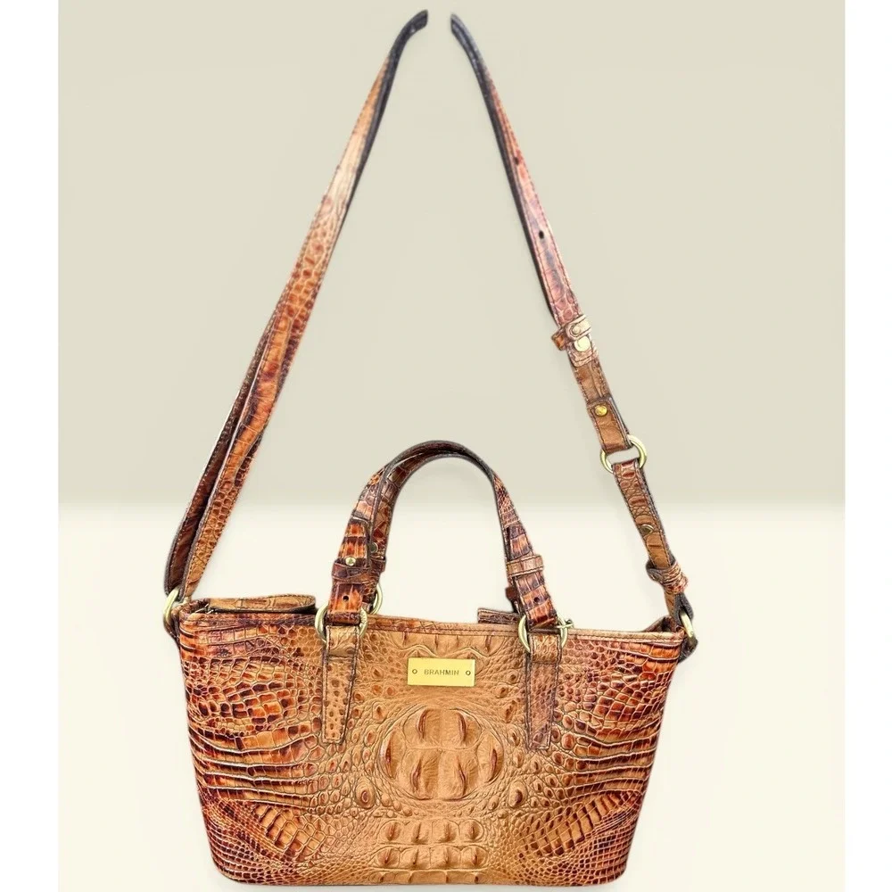 Brahmin Mini Asher Satchel Bag Pecan Melbourne Croc‎ Embossed Leather Crossbody